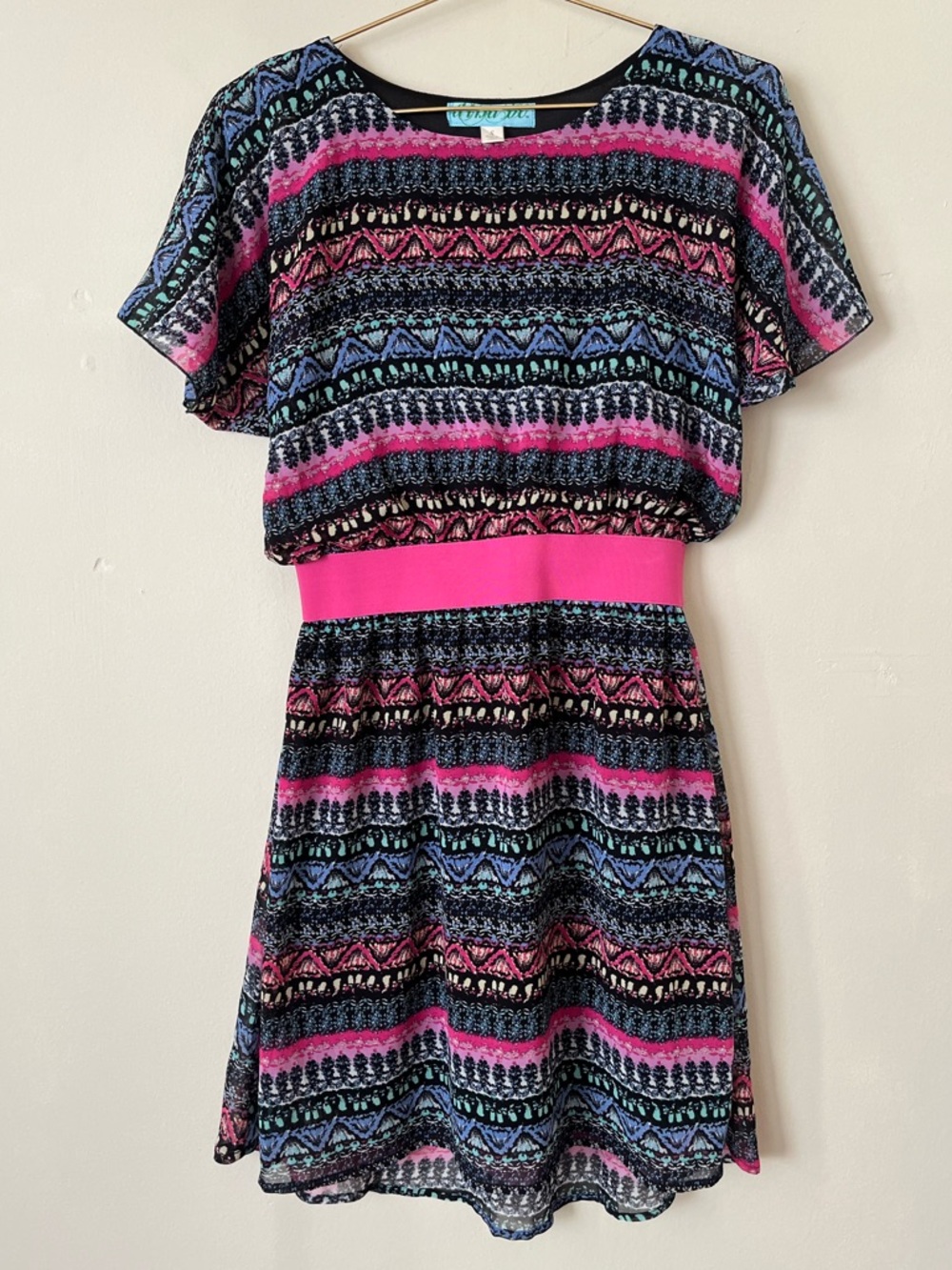 Women’s Mini Dress tribal boho with Pink Waistband and Multicolor Pattern